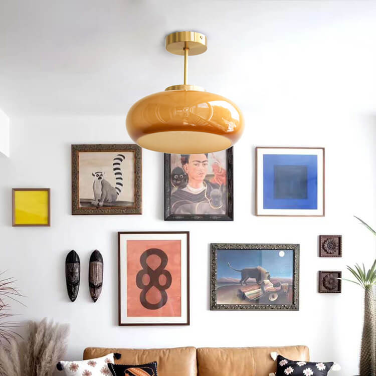Ceiling Light Brass Glass 11.0 in Yellow Semi-Flush Mount Bedroom Living Room Lighting | Thomler
