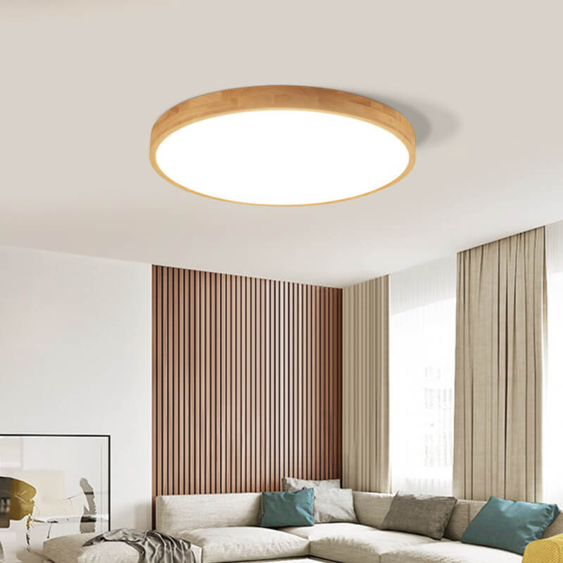 Slim Profile Round Wood Ceiling Light Fixture with Integrated LED – Modern Flush Mount in Natural Beige Finish for Bedroom, Living Room & | Thomler
