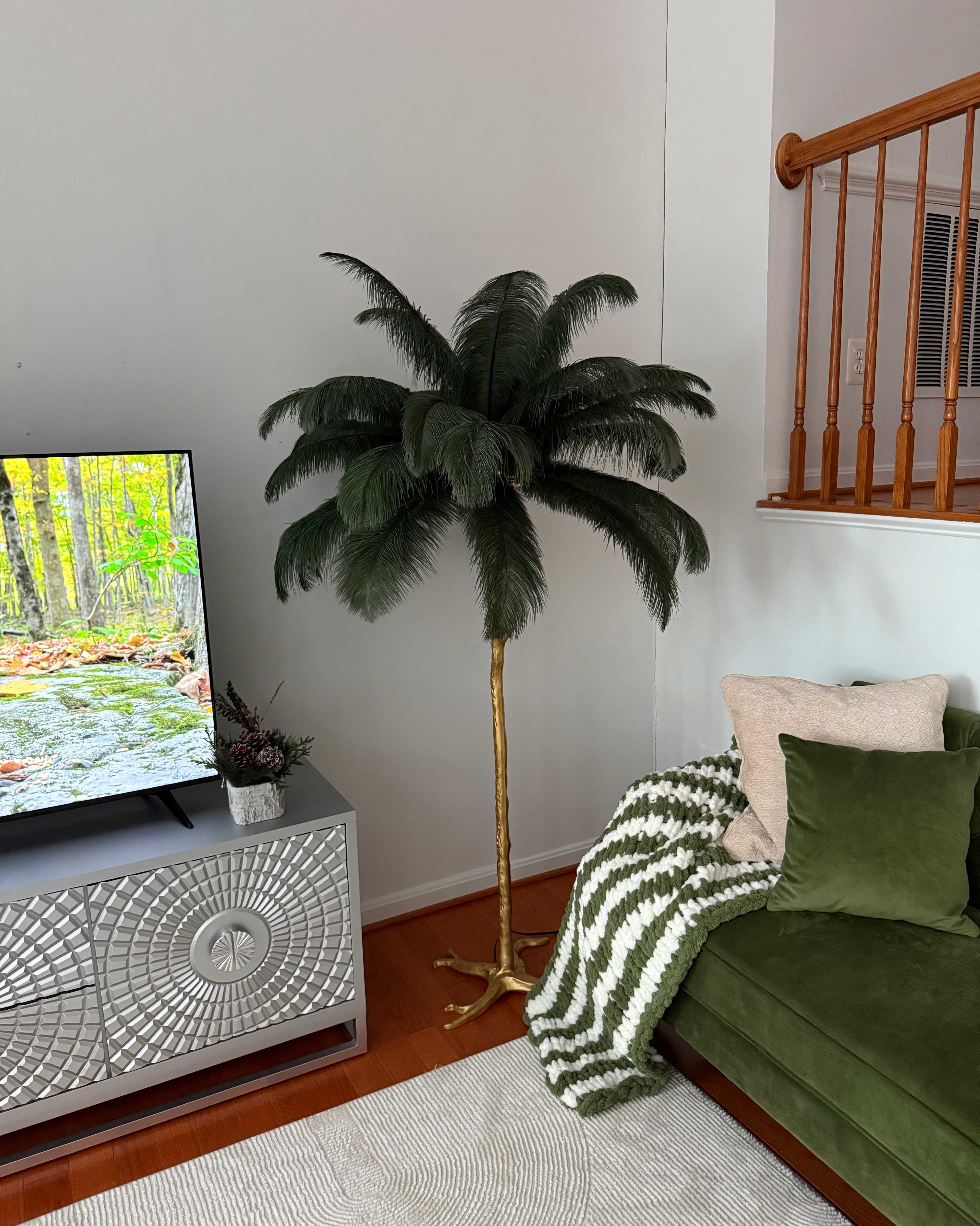 Floor Lamp Feather Shade 160.0 cm White Living Room Bedroom Palm Tree Standing Light Tropical Ambient Lighting | Thomler