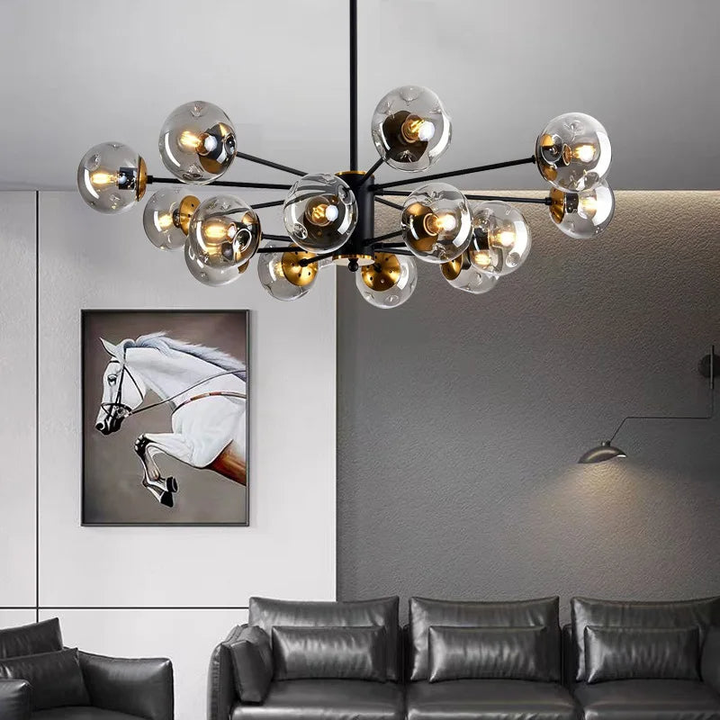 Pendant Light Glass Iron 100.0 cm Black Dining Room Living Room Scandinavian Chandelier Multi Globe Ceiling Light | Thomler