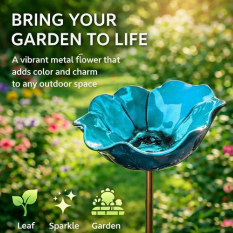 Metal Flower Stake Bird Bath for Garden, Yard & Patio – Decorative Pollinator Watering Station in 6 Colors | Thomler