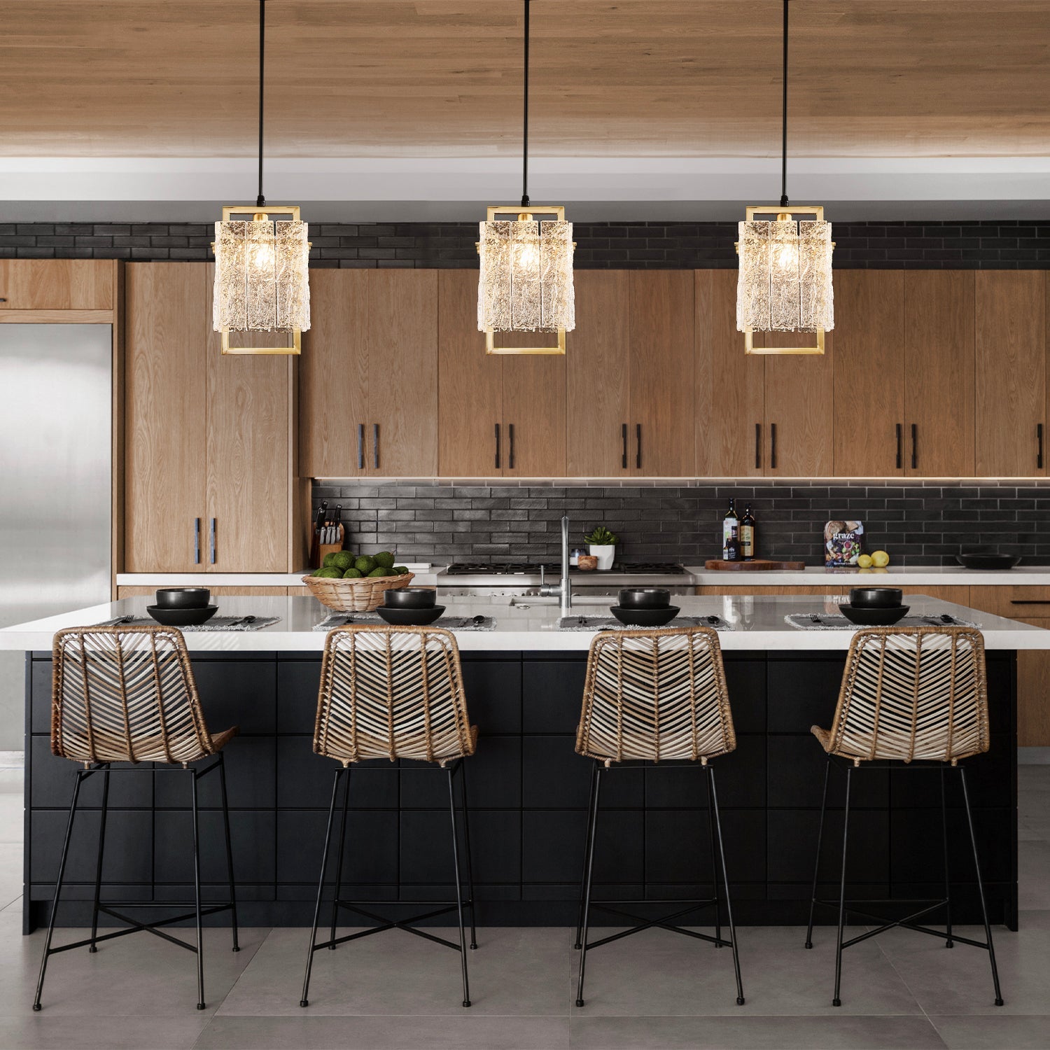 Square Cage Pendant Light Fixture with Textured Glass Shade & Gold Frame for Dining Room, Kitchen Island, Bedroom | Thomler