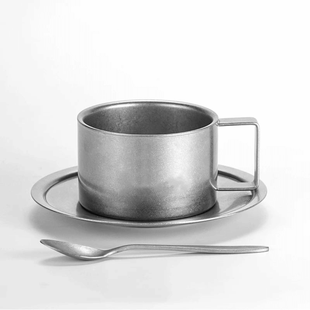 Stainless Steel Double-Wall Coffee Mug with Saucer & Spoon – Insulated Metal Espresso Cup for Hot Drinks, Kitchen Drinkware Set | Thomler