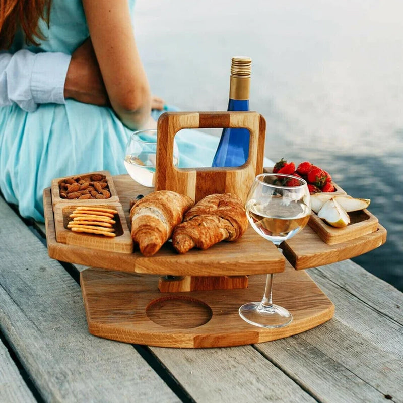 Portable Wooden Wine & Picnic Table with Carry Handle for Outdoor Dining | Folding Wine Caddy Tray for Beach, Park, Camping | Solid Wood | Thomler