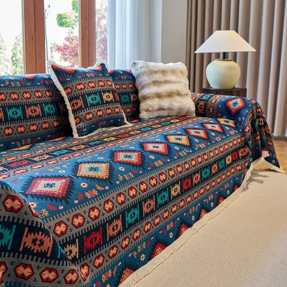 Geometric Throw Blanket for Sofa – Woven Cotton Chenille Couch Cover with Bohemian Pattern for Living Room Furniture | Thomler