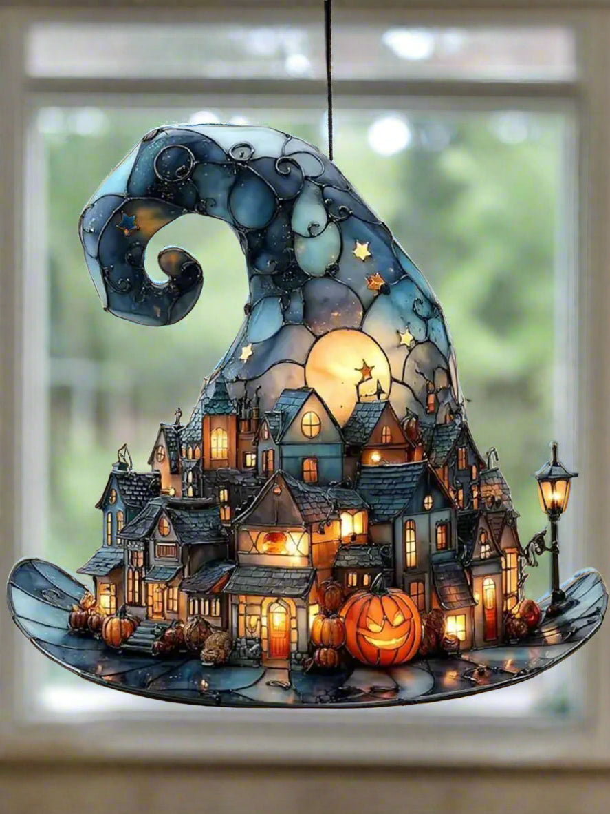 Acrylic Hanging Window Ornament – Spooky Season Silhouette with Pointed Hat and Village Scene for Halloween Home Accents | Thomler