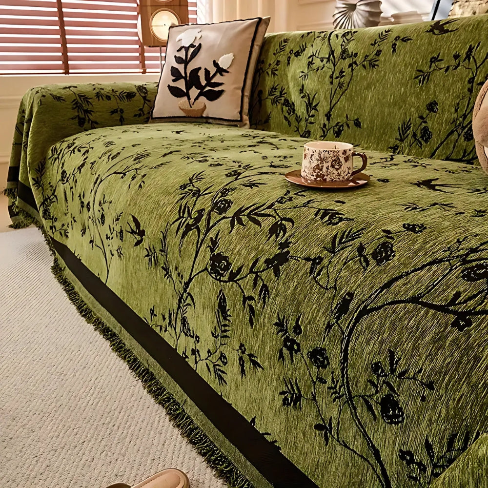 Textured Chenille Sofa Throw Blanket with Tassels – Floral Jacquard Couch Cover for Living Room, Pet-Friendly & Anti-Slip | Thomler