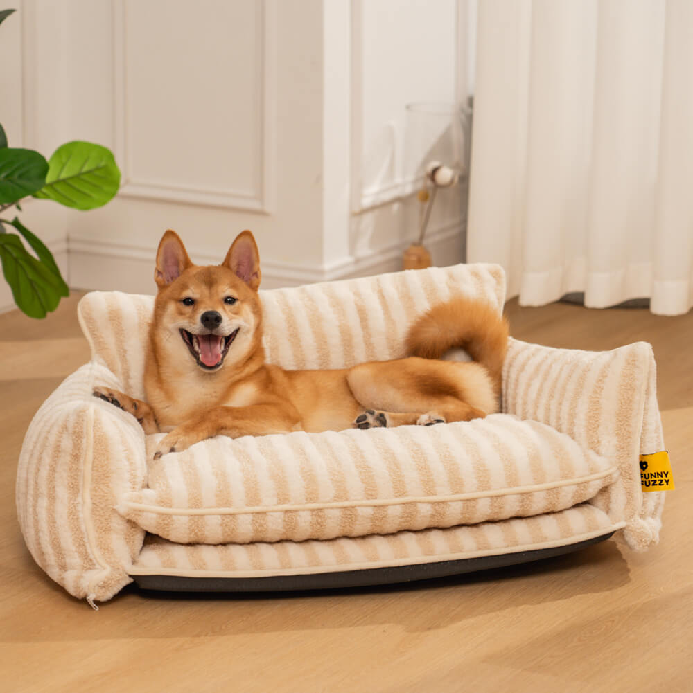 Plush Pet Couch with Washable Cover - Dual-Layer Cushioned Lounger for Dogs & Cats - Striped Fleece Nap Spot | Thomler