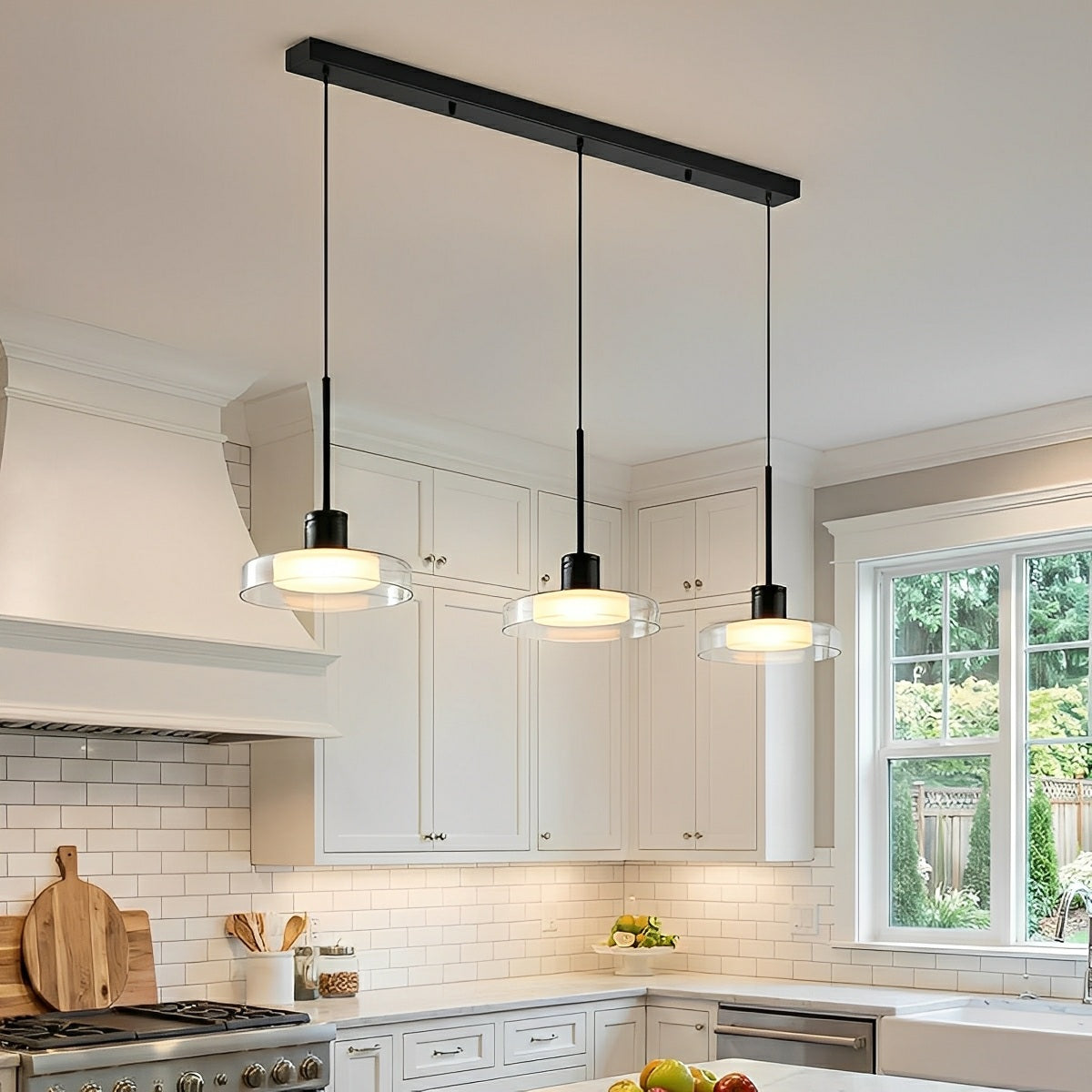 Pendant Light Glass 80.0 cm Black Kitchen Island Dimmable Dining Room Hanging Ceiling Lamp | Thomler