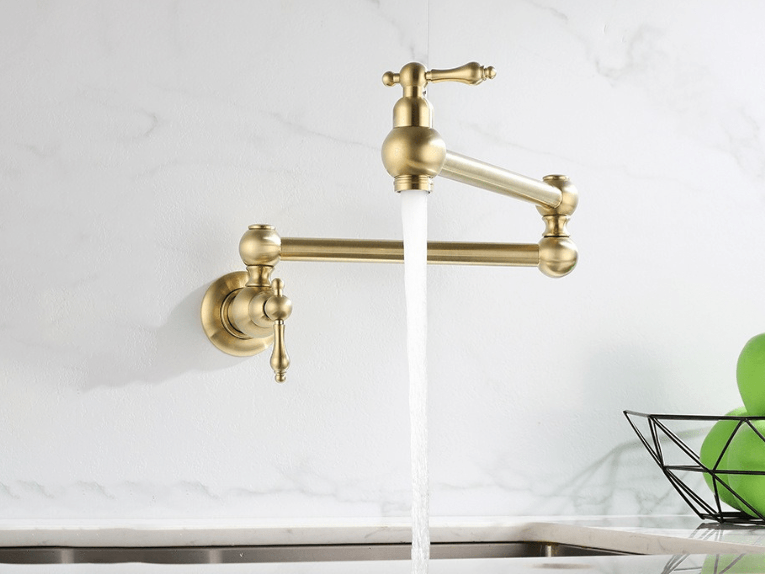 Wall-Mount Dual-Handle Kitchen Faucet for Pots – Brass Construction with Hot & Cold Lines – Chrome, Brushed Nickel, Black & Antique Brass Fi | Thomler
