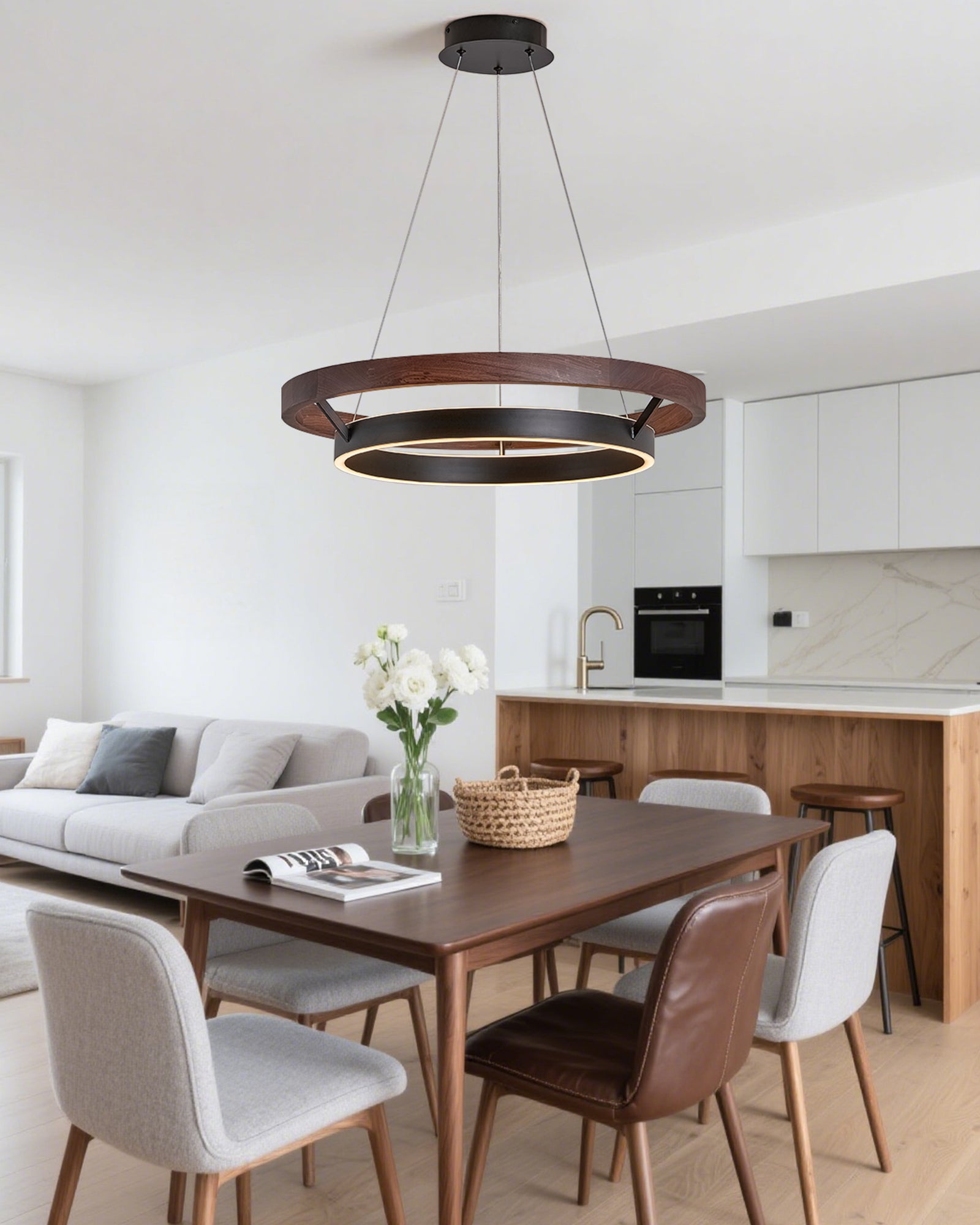 Pendant Light Wood Ring 60.0 cm (23.6") LED Dining Room Adjustable Hanging Ceiling Chandelier Modern Farmhouse Kitchen Island | Thomler