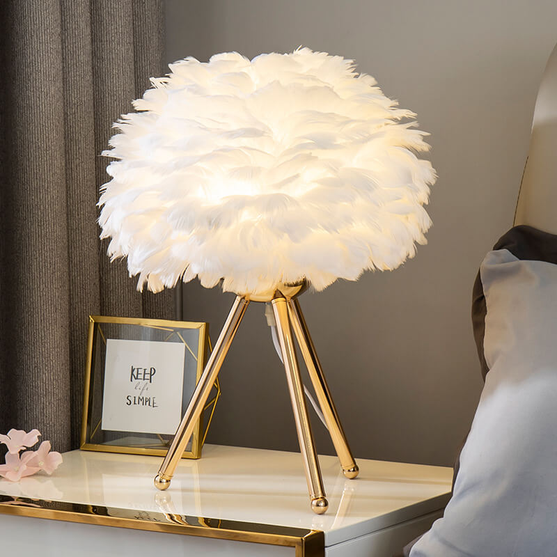 Plume Shade Accent Lamp with Gold Three-Leg Stand – Natural Texture for Bedroom, Desk & Nursery Vanity | Thomler