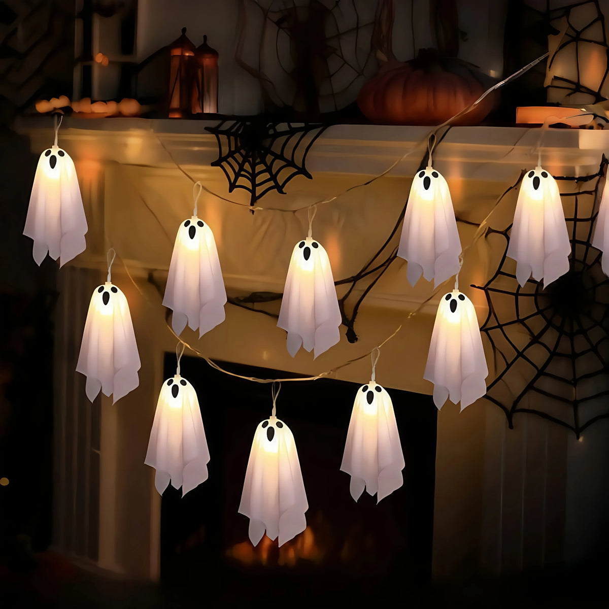 LED Ghost String Lights – Battery or Plug-In Illuminated Hanging Spirits for Spooky Indoor & Outdoor Halloween Decoration | Thomler
