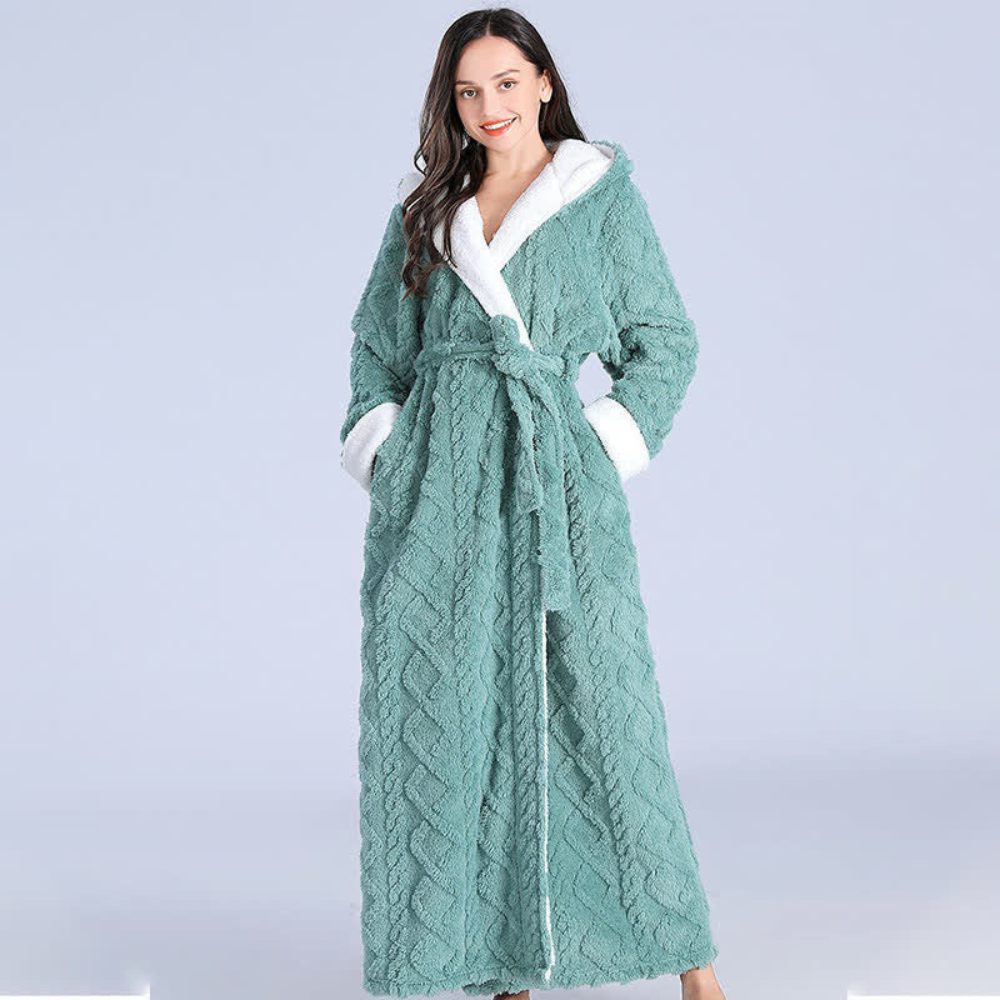 Women's Hooded Fleece Bath Robe with Pockets Long Soft Loungewear for Home & Spa Gray Pink Purple Green Winter Wrap | Thomler