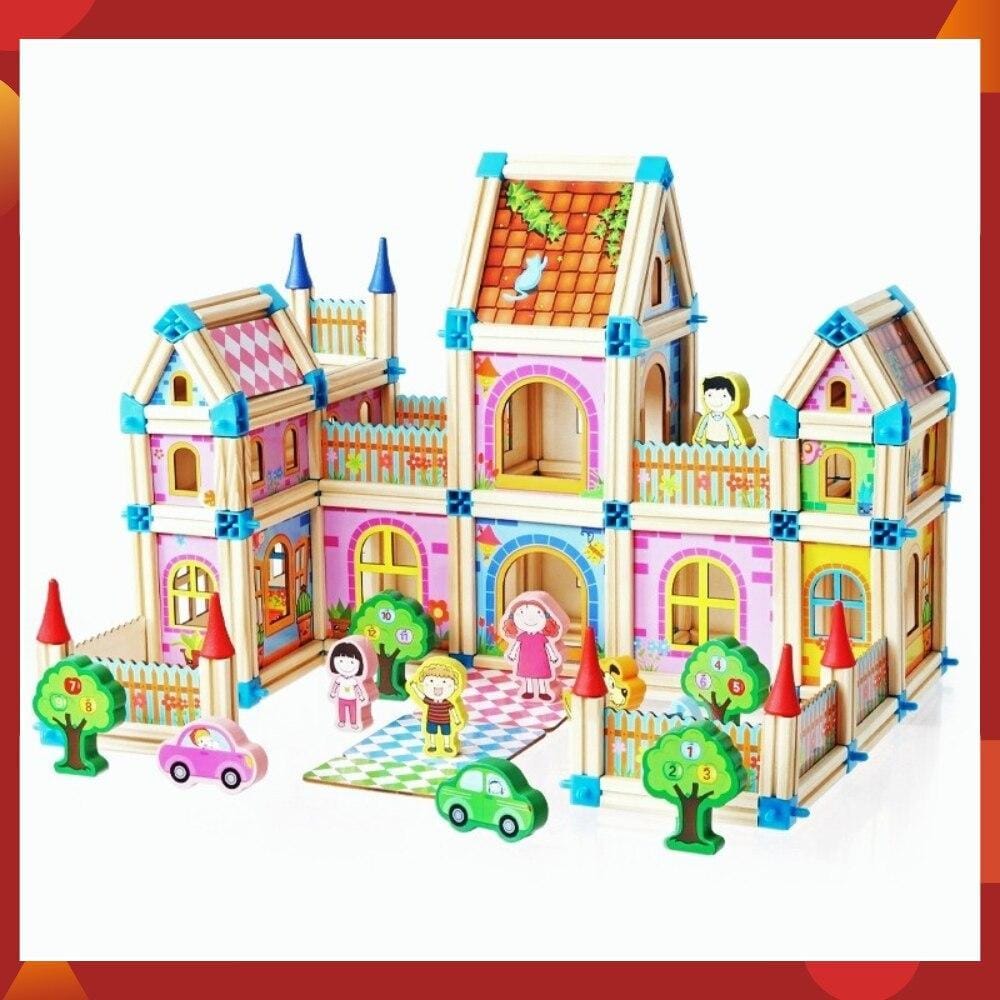 Wooden Modular Dollhouse Construction Set – Creative Building Activity for Kids Age 2+ with Architectural Pieces, Doors & Windows | Thomler