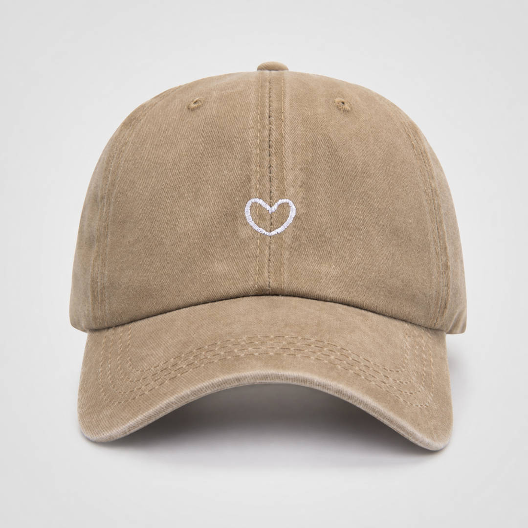 Washed Cotton Baseball Cap with Open-Back for High Ponytails & Messy Buns – Adjustable Retro Style Hat with Embroidered Heart | Thomler