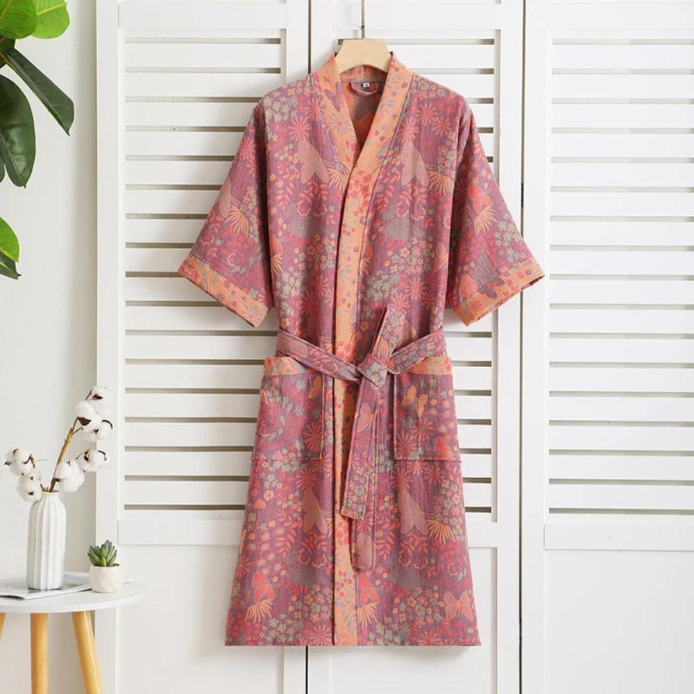 Cotton Gauze Robe with Vintage Print – Lightweight Breathable Loungewear for Women | Soft Double-Layer Spa Robe for Home Relaxation | Thomler