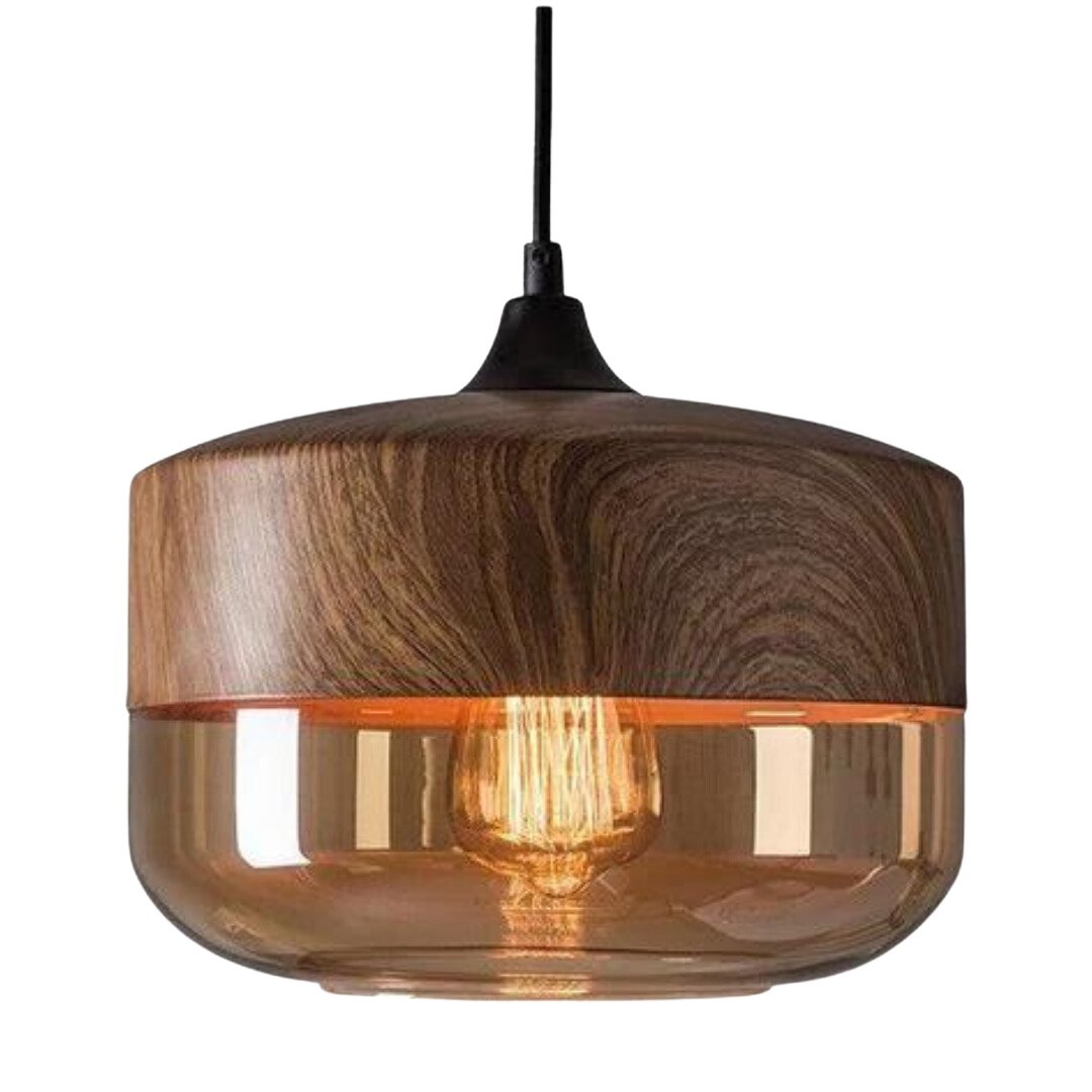Glass Pendant Light with Wood-Look Metal – Scandinavian Hanging Fixture for Dining Room, Bedroom & Living Room | Thomler