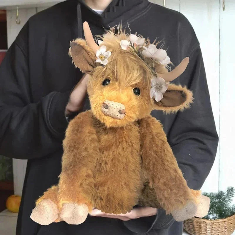 Handcrafted Highland Cow Plush with Floral Crown – Soft Alpaca Fiber Stuffed Animal Décor for Kids & Adults, Poseable Limbs & Head, Glass | Thomler