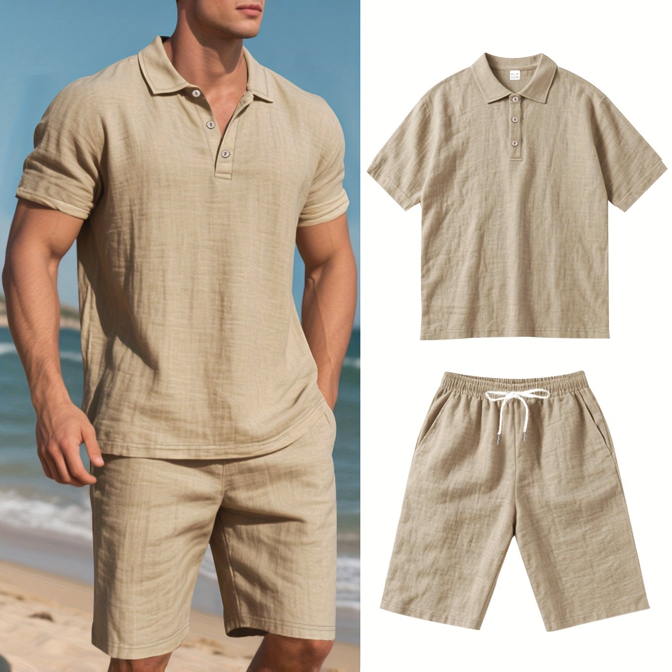 Men's Short-Sleeve Polo & Shorts Linen Set Summer Two-Piece Outfit Lightweight Breathable Casual Wear for Warm Weather | Thomler