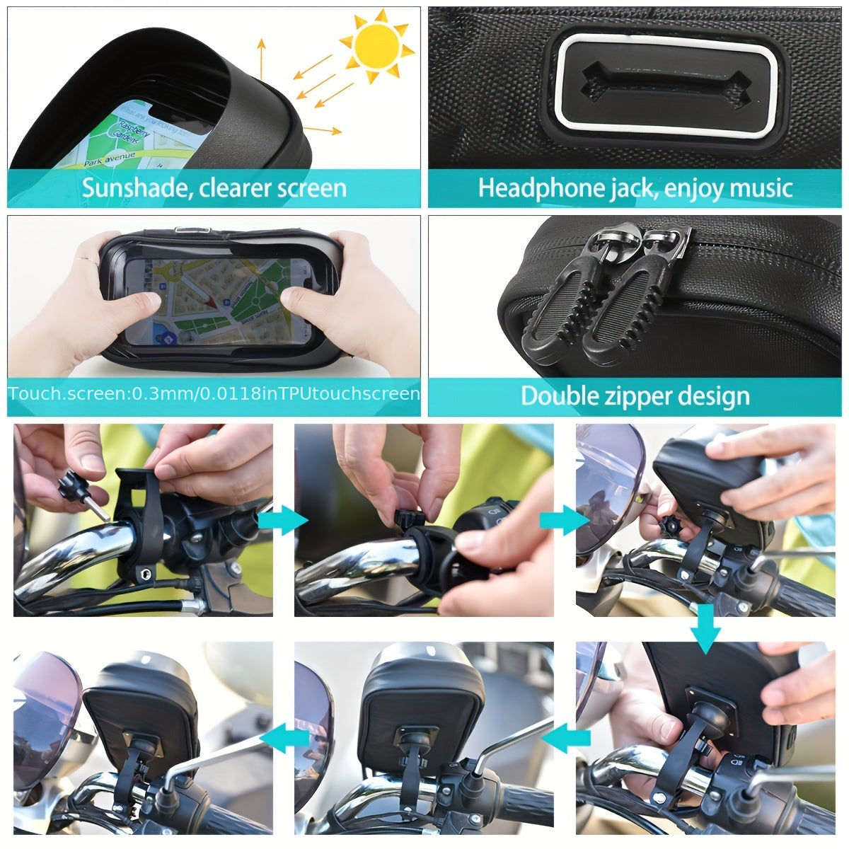 Waterproof Phone Mount for Motorcycle & Bicycle with 360° Rotation | Universal Handlebar Holder for Navigation & Music | Touch-Sensitive | Thomler