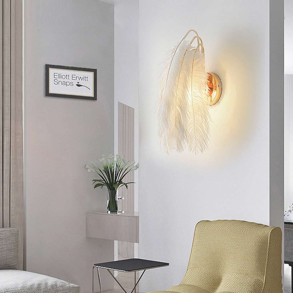 Wall Lamp Ostrich Feather 9.1 in White Bedroom Living Room Decorative Soft Light Fixture Modern Nordic Minimalist Lighting | Thomler