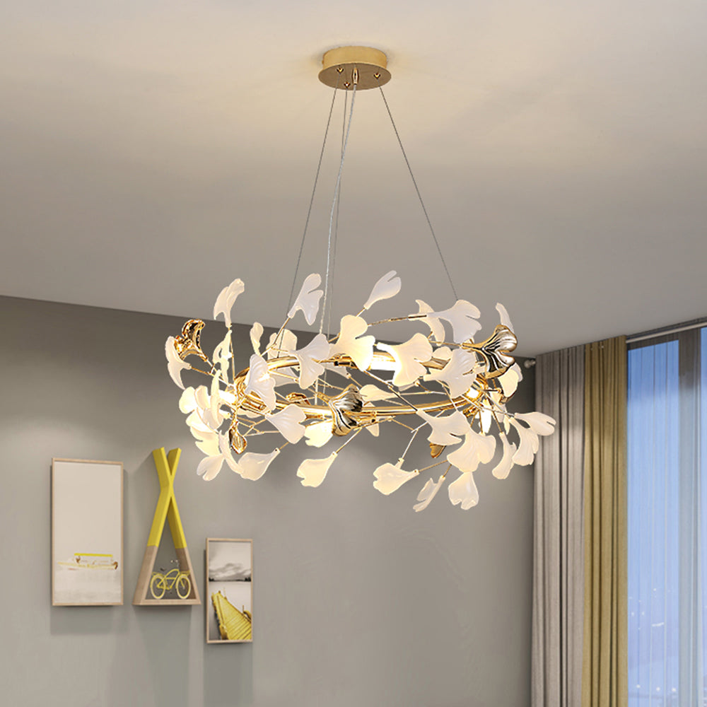 Ceramic Leaf Cluster Pendant Light with Adjustable Cord – Gold Metal Frame Multi-Bulb Chandelier for Dining Room, Living Room & Bedroom | Thomler