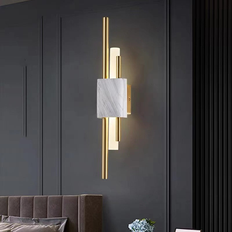 Modern Linear Wall Sconce with Marble Accents – Metal Construction, Warm LED Lighting for Bedroom & Living Room | Thomler