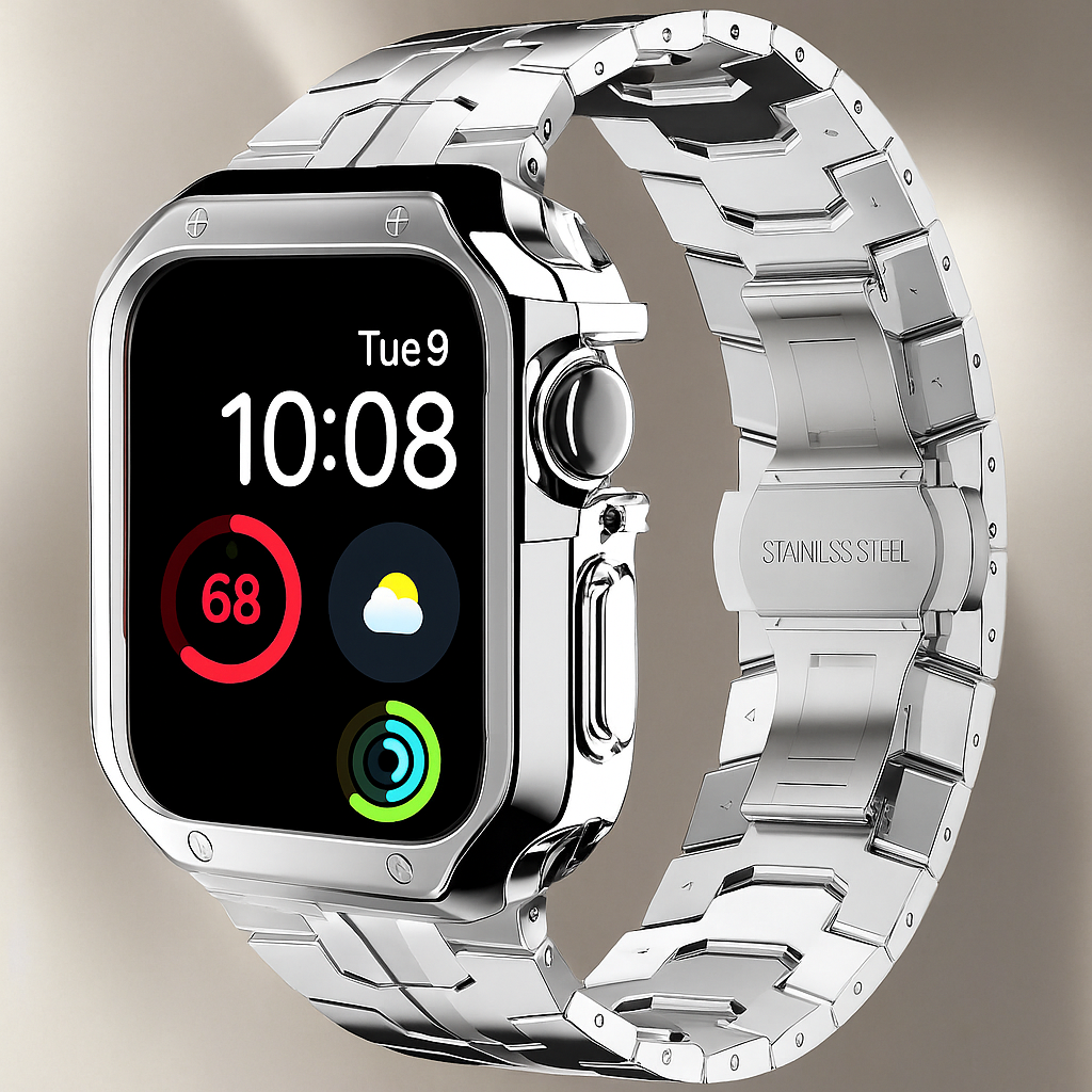Metal Link Watch Band with Armor Frame for Apple Watch – Titanium-Style Bracelet & Open-Face Protection Case Bundle – Butterfly Clasp | Thomler