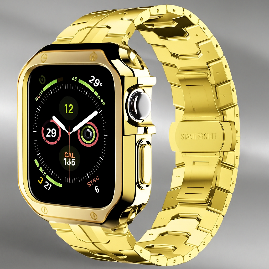 Metal Link Watch Band with Armor Frame for Apple Watch – Titanium-Style Bracelet & Open-Face Protection Case Bundle – Butterfly Clasp | Thomler