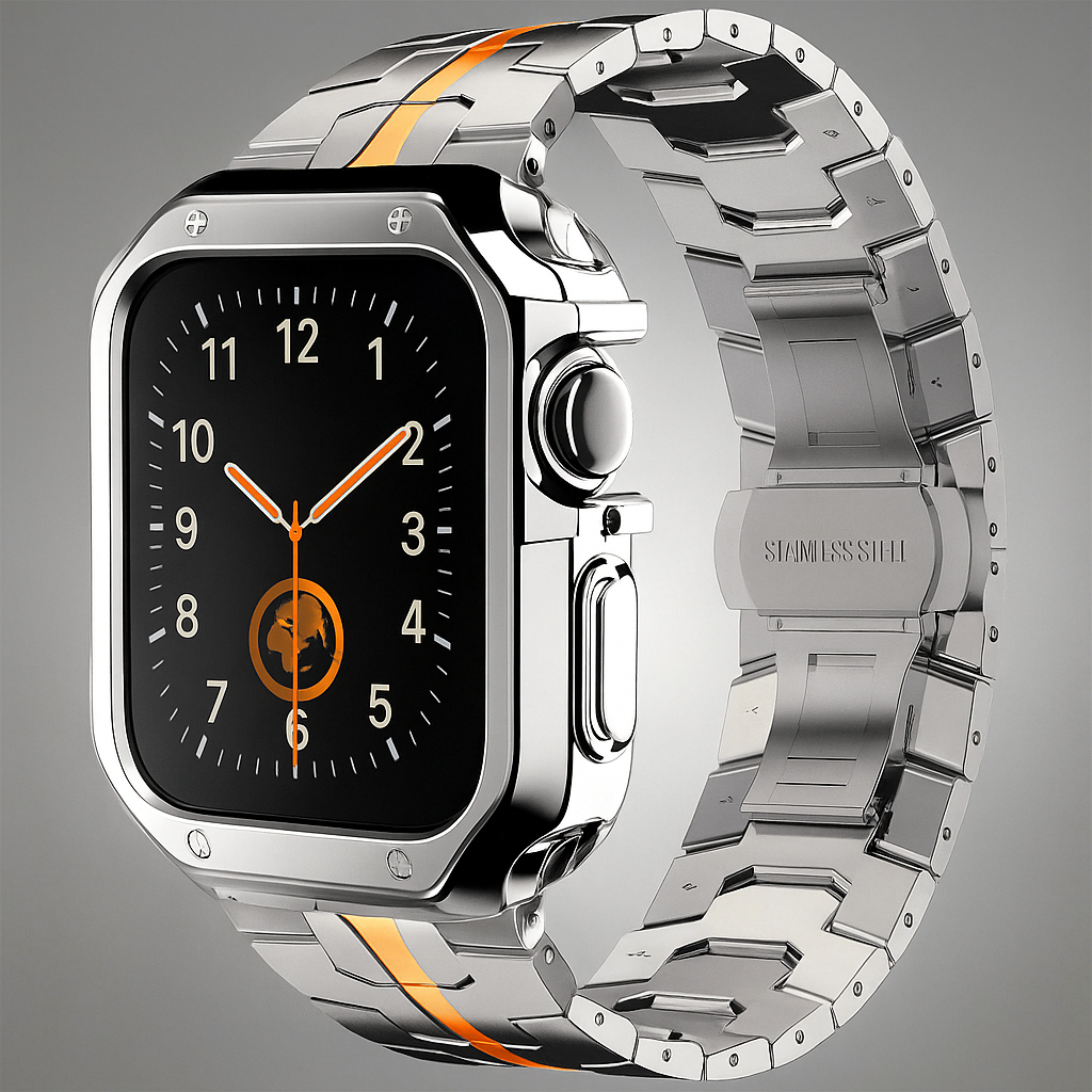 Metal Link Band & Protective Case Set for Apple Watch – Adjustable Bracelet with Matching Frame, Butterfly Clasp & Sizing Tool for Series | Thomler