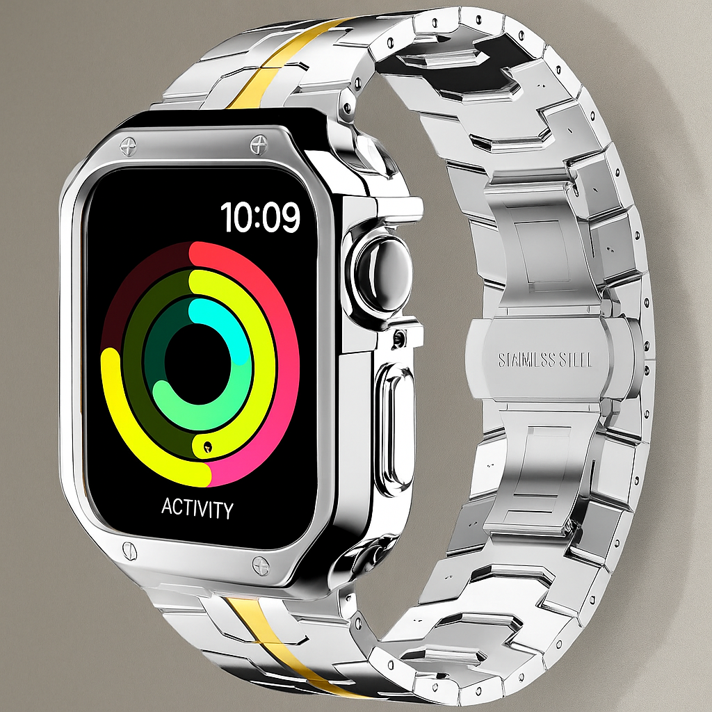 Metal Link Band & Protective Case Set for Apple Watch – Adjustable Bracelet with Matching Frame, Butterfly Clasp & Sizing Tool for Series | Thomler