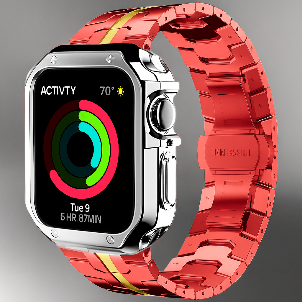 Metal Link Band & Protective Case Set for Apple Watch – Adjustable Bracelet with Matching Frame, Butterfly Clasp & Sizing Tool for Series | Thomler