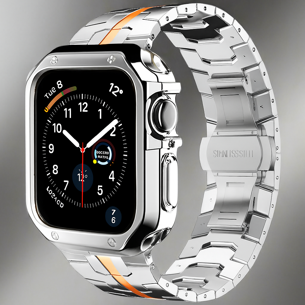 Metal Link Band & Protective Case Set for Apple Watch – Adjustable Bracelet with Matching Frame, Butterfly Clasp & Sizing Tool for Series | Thomler