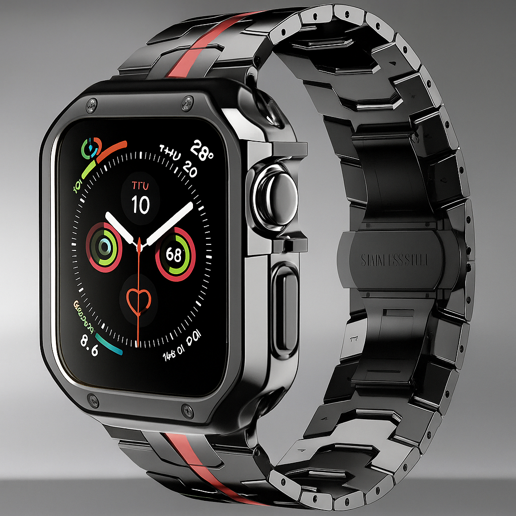 Metal Link Watch Band with Armor Frame for Apple Watch – Titanium-Style Bracelet & Open-Face Protection Case Bundle – Butterfly Clasp | Thomler
