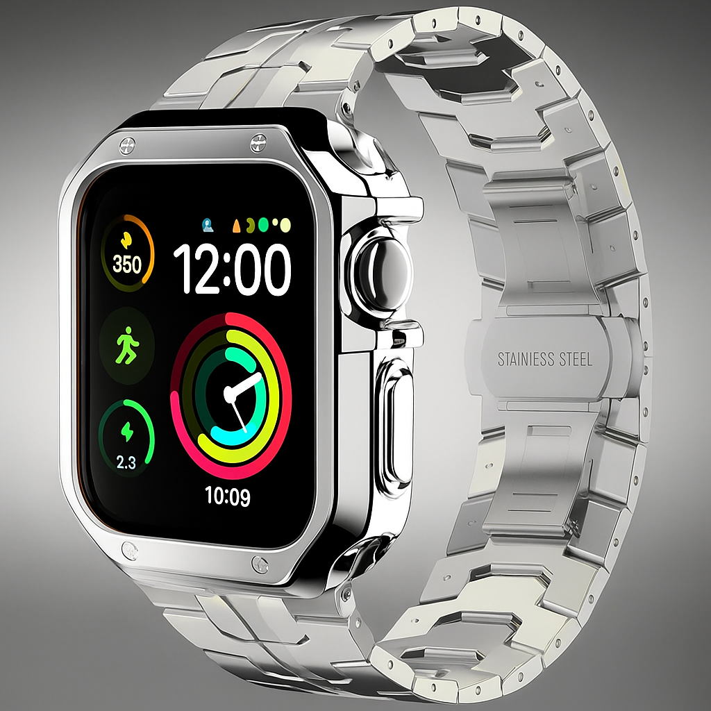 Metal Link Watch Band with Armor Frame for Apple Watch – Titanium-Style Bracelet & Open-Face Protection Case Bundle – Butterfly Clasp | Thomler