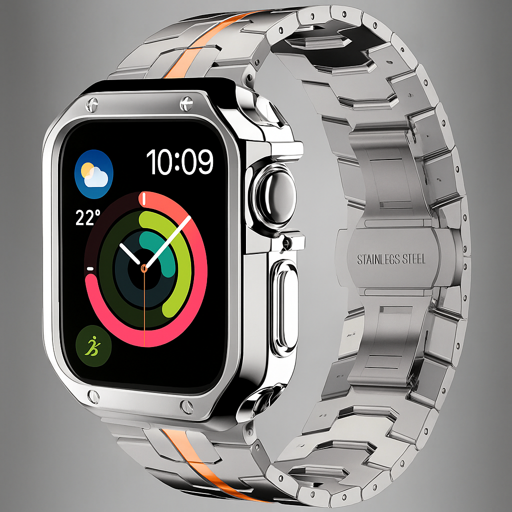 Metal Link Band & Protective Case Set for Apple Watch – Adjustable Bracelet with Matching Frame, Butterfly Clasp & Sizing Tool for Series | Thomler