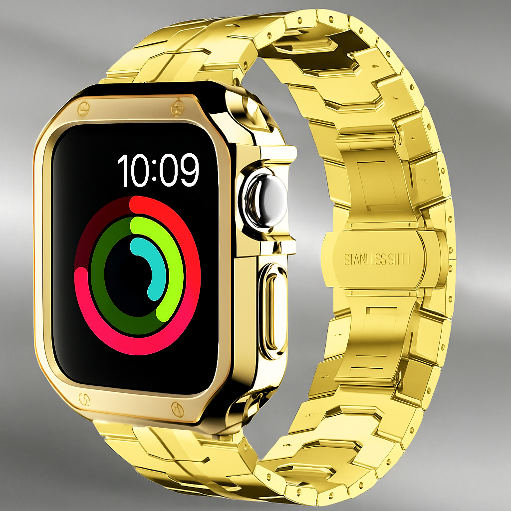Metal Band & Screen Armor Bundle for Apple Watch – Adjustable Link Bracelet with Protective Bumper Case | Thomler