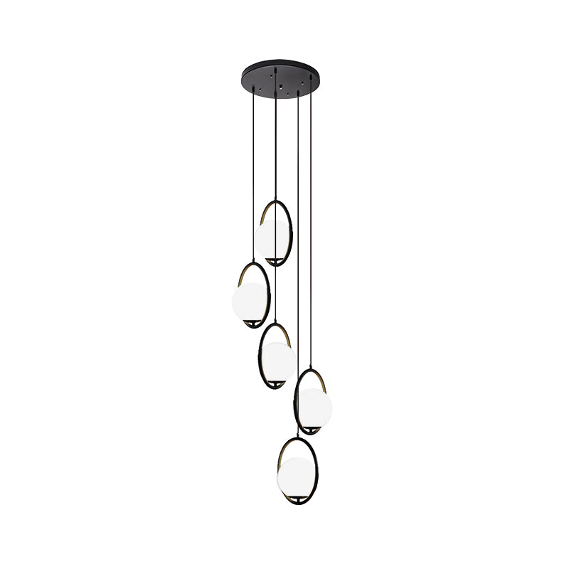 Multi-Globe Glass Pendant Chandelier – Modern Stairwell Lighting Fixture, Black Metal Frame, 5-6 Lights for Entryway Living Room Dining | Thomler