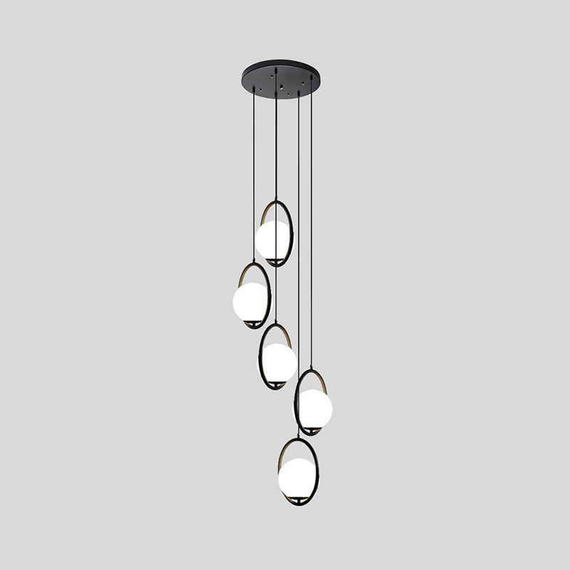 Multi-Globe Glass Pendant Chandelier – Modern Stairwell Lighting Fixture, Black Metal Frame, 5-6 Lights for Entryway Living Room Dining | Thomler