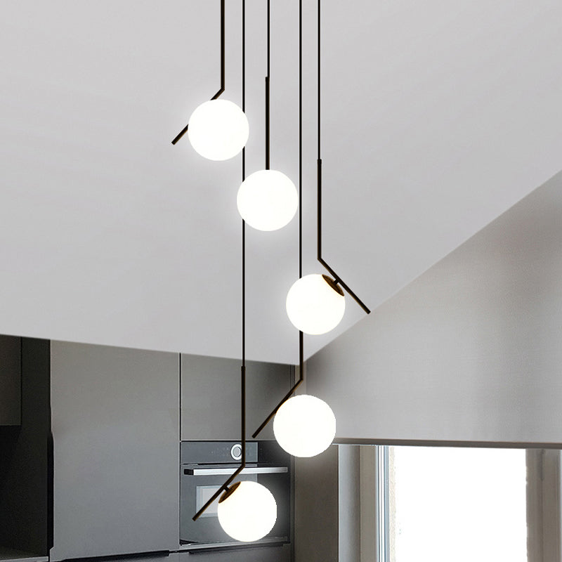 Multi-Globe Glass Pendant Chandelier – Modern Stairwell Lighting Fixture, Black Metal Frame, 5-6 Lights for Entryway Living Room Dining | Thomler