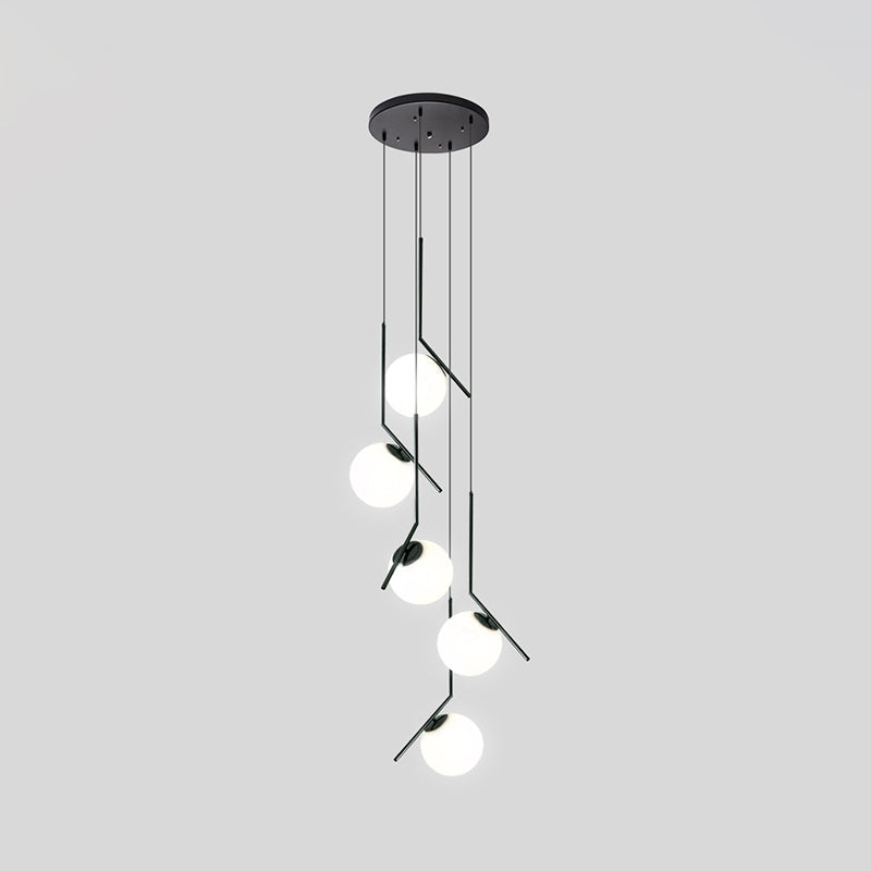 Multi-Globe Glass Pendant Chandelier – Modern Stairwell Lighting Fixture, Black Metal Frame, 5-6 Lights for Entryway Living Room Dining | Thomler