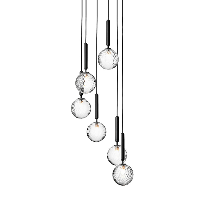 Multi-Globe Glass Pendant Chandelier – Modern Stairwell Lighting Fixture, Black Metal Frame, 5-6 Lights for Entryway Living Room Dining | Thomler