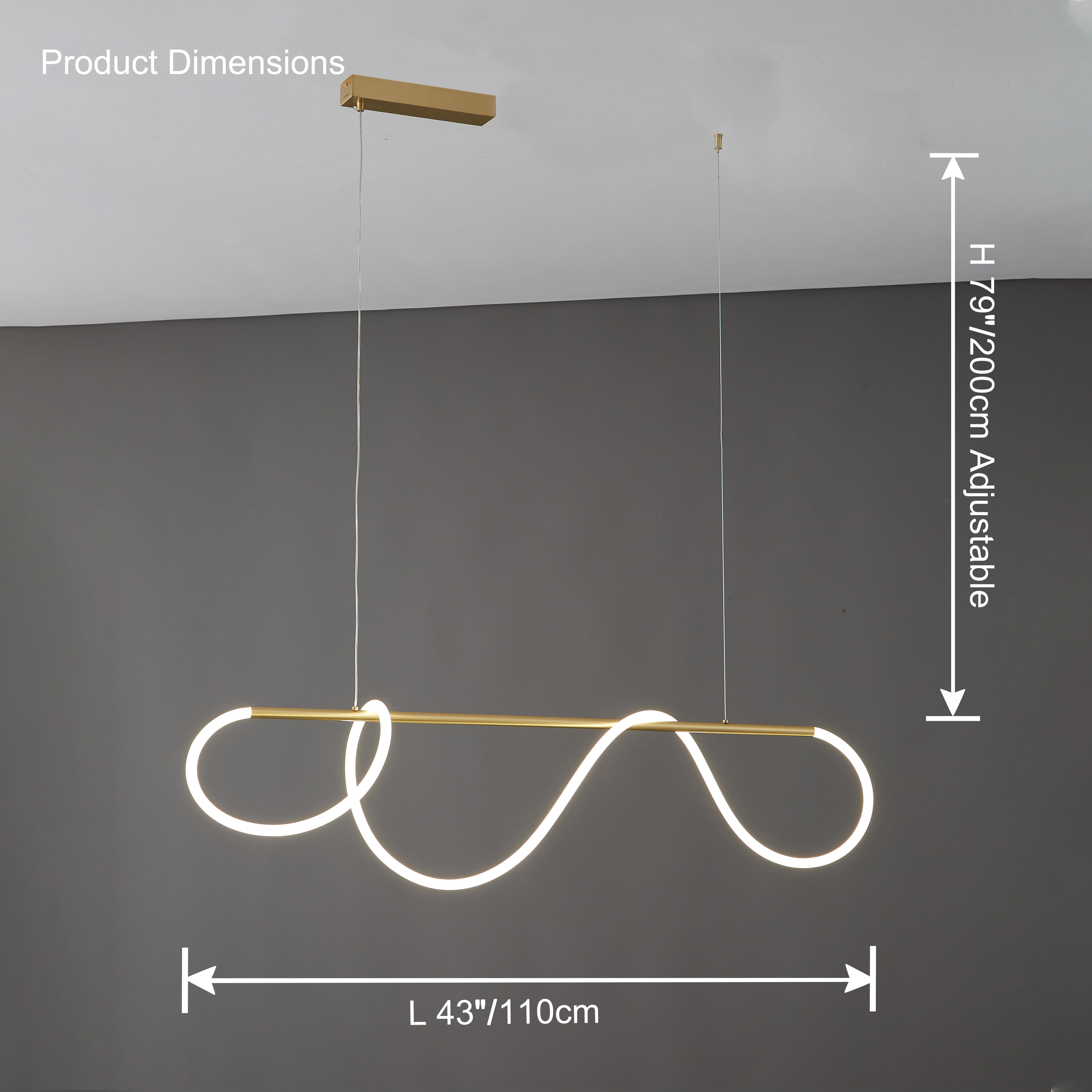 Pendant Light Brass Silicone Rope 110.0 cm Black Dining Room Dimmable LED Linear Chandelier Kitchen Island Hanging Ceiling Light | Thomler