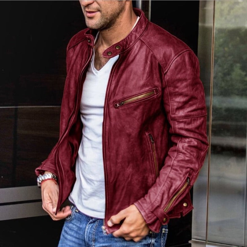 Men's Genuine Leather Jacket Stand Collar Water-Repellent Fall Motorcycle Coat for Everyday Casual Style | Thomler