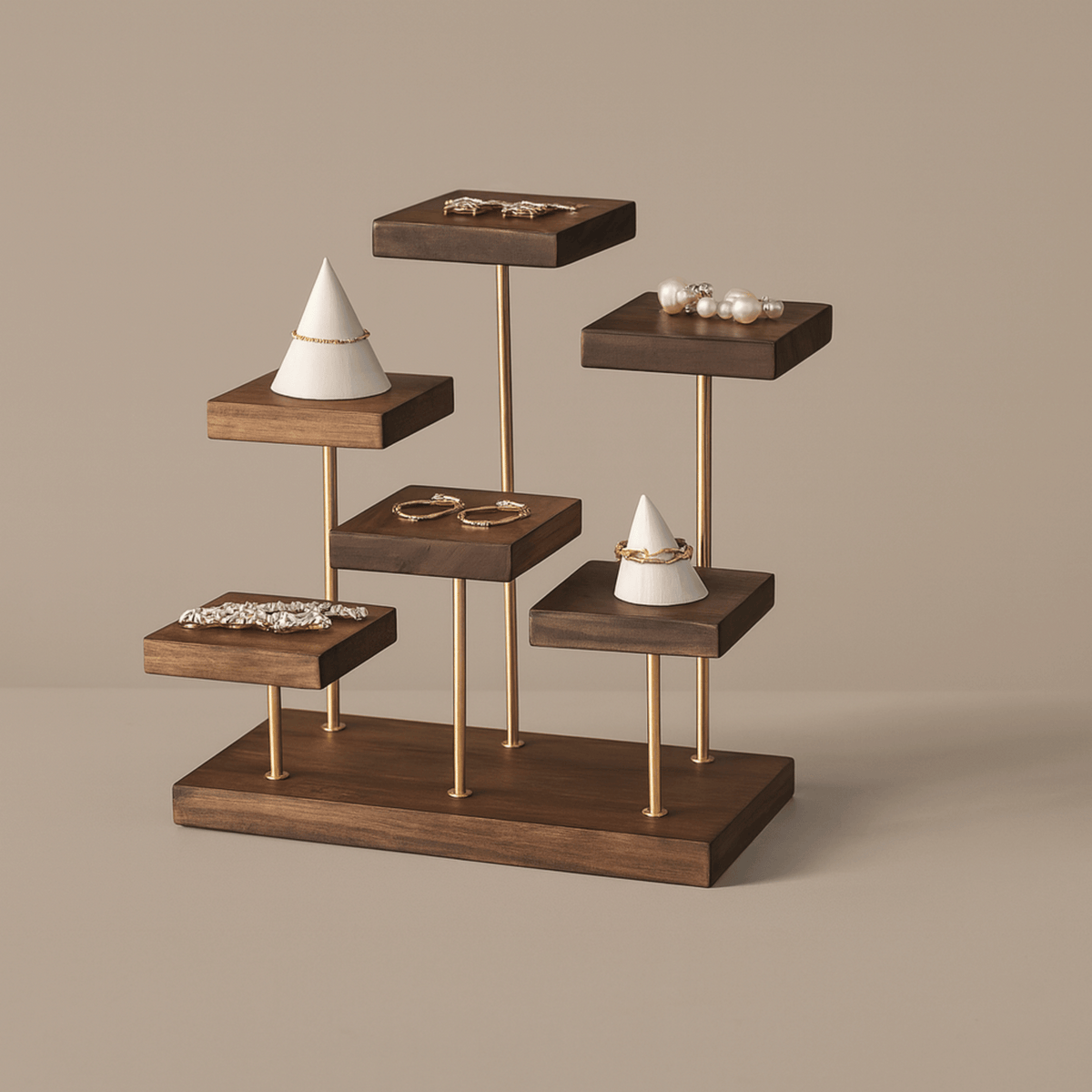 Tiered Wooden Organizer for Accessories and Trinkets – Brass Accent Display | Thomler