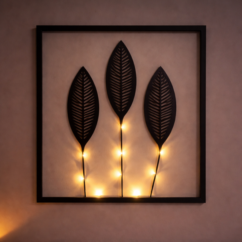 Battery-Powered LED Leaf Frame Light Set for Home Decor 3-Piece Black Metal Botanical Display for Shelves Tables Nightstand Ambiance | Thomler
