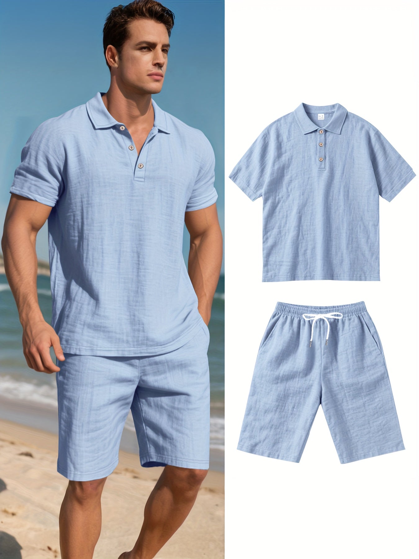Men's Short-Sleeve Polo & Shorts Linen Set Summer Two-Piece Outfit Lightweight Breathable Casual Wear for Warm Weather | Thomler