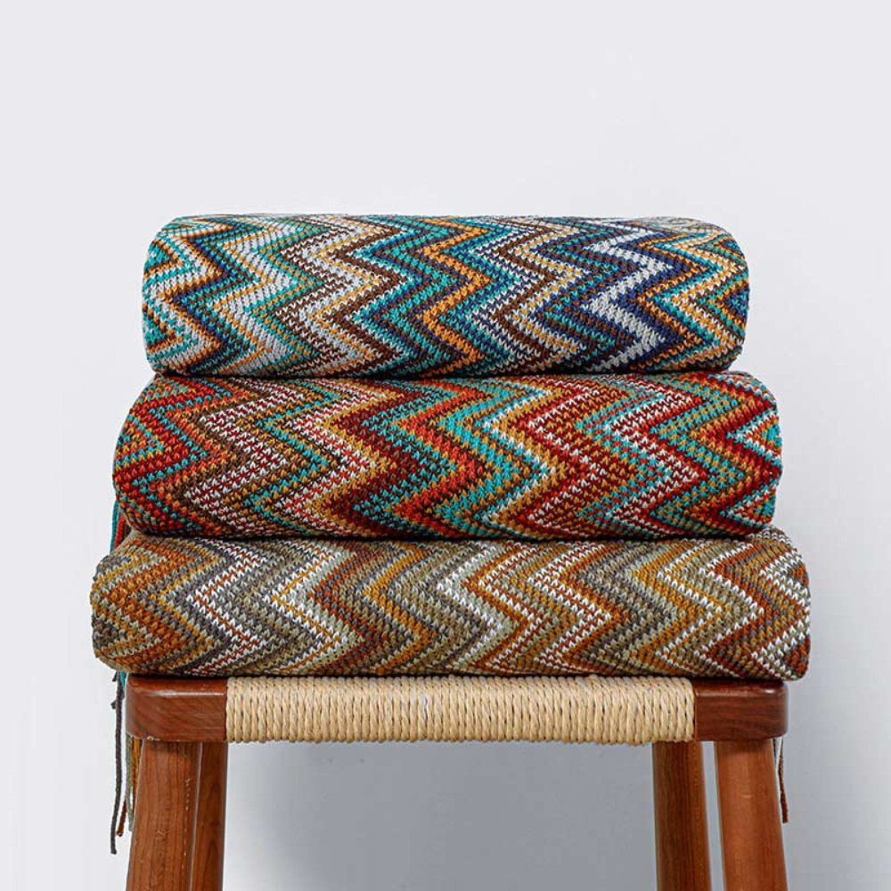 Chevron Knit Throw Blanket with Fringe Trim – Lightweight Acrylic for Year-Round Comfort | Thomler