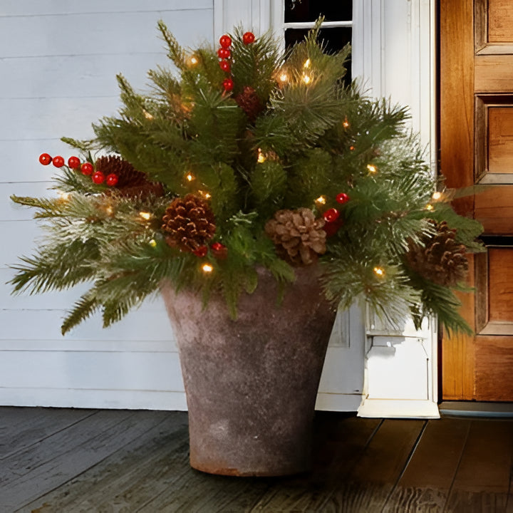 Battery-Operated LED Evergreen Spray with Pine Cones & Berries for Holiday Urns, Planters & Entryways | Thomler